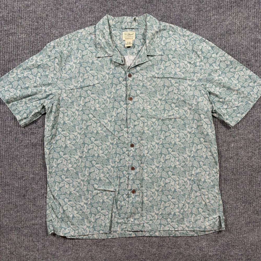L.L.Bean Mens‎ Button Up Shirt XL Green Shell Print Traditional Fit Short Sleeve